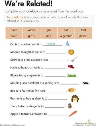 Worksheets: Analogies: We're Related! 3rd Verbal Reasoning Worksheet Grade 3, Analogy Worksheet, Analogies Worksheet, Analogies Activities, Word Analogies, Kindergarten Phonics Worksheets, Word Boxes, Critical Thinking Activities, Homeschool Worksheets