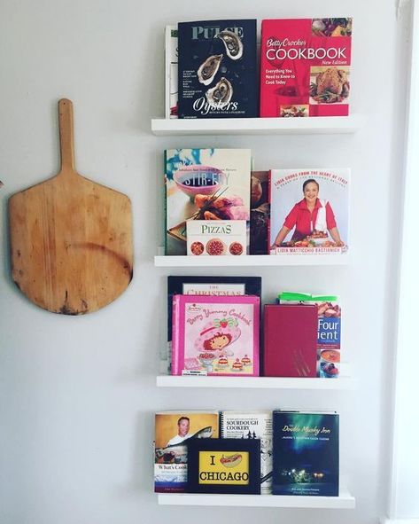 20 ways to display books in your kitchen, including on these minimalist ledges. Kitchen Cookbook Display, Kitchen Cookbook Shelf, How To Decorate Kitchen Shelves, Cookbook Display, Kitchen Bookshelf, Cookbook Storage, Cookbook Shelf, Picture Ledge Shelf, Virginia House