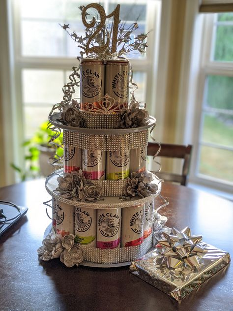 White Claw Cakes Diy, White Claw Cakes, Booze Cake Tower, 21st Birthday Alcohol Cake Tower, Diy 21st Birthday Gifts, 21st Birthday Shooter Basket, 21 Bday, Sixteen Candles, White Claw