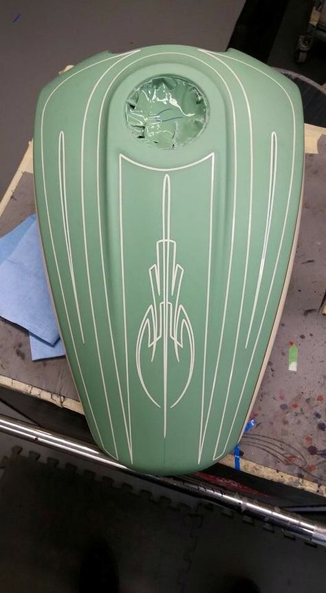 PinStripe tank #paint                                                                                                                                                                                 More Gas Tank Paint, Kustom Kulture Art, Custom Motorcycle Paint Jobs, Kustom Paint, Bike Tank, Motorcycle Custom, Custom Paint Motorcycle, Pinstripe Art, Motorcycle Paint Jobs