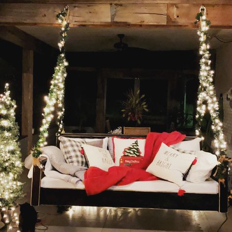 Christmas Porch Swing Decorations, Porch Swing Christmas Decor, Front Porch Christmas Photo Shoot, Outdoor Christmas Figures, Christmas Edits, Bed Swings, Balcony Swing, Porch Bed, Backyard Barn