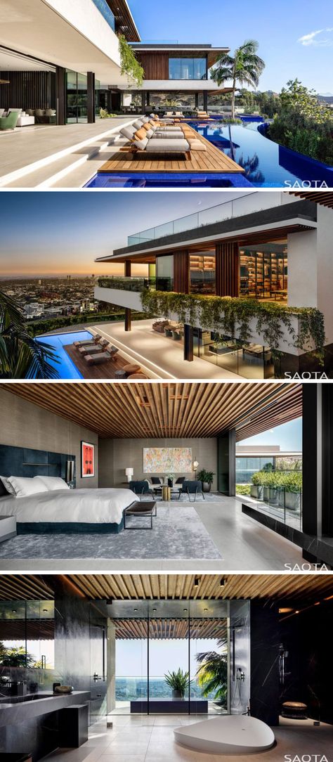 The architects of SAOTA designed a luxurious hillside house in Los Angeles located immediately above Sunset Boulevard. #architecture Villa On Hillside, Saota Houses, Modern Hillside House, Saota Architects, Hillside House Plans, Saota Architecture, Slope House Design, Los Angeles House, Hillside Villas