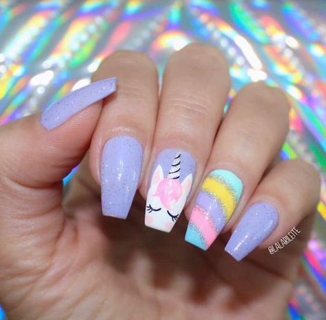 Unicorn nails and unicorn nail designs to try Unicorn Nails Designs, Unicorn Nail Art, Uñas Aesthetic, Kids Nail Designs, Nail Art Halloween, Opal Nails, Pointy Nails, Bright Summer Nails, Unicorn Nails