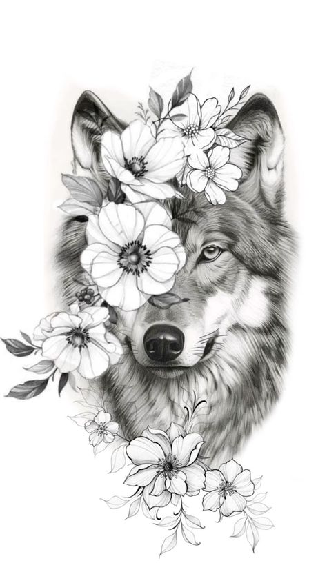 Wolf With Flowers Tattoo, Wolf Tattoos For Women, Half Sleeve Tattoos Sketches, Ghost Tattoo, Tattoo Shows, Tattoo Portfolio, Thigh Tattoos Women, Women's Tattoo, Tattoo Feminina