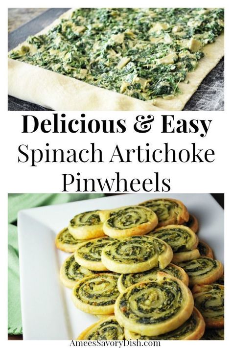 Spinach and Artichoke Pinwheel Appetizers are a delicious combination of puff pastry dough, spinach, marinated artichokes and Parmesan cheese. Spinach Artichoke Pinwheels, Artichoke Pinwheels, Roll Appetizers, Artichoke Appetizer, Marinated Artichokes, Pinwheel Appetizers, Pastry Appetizer, Bruschetta Ingredients, Top Chicken Recipes