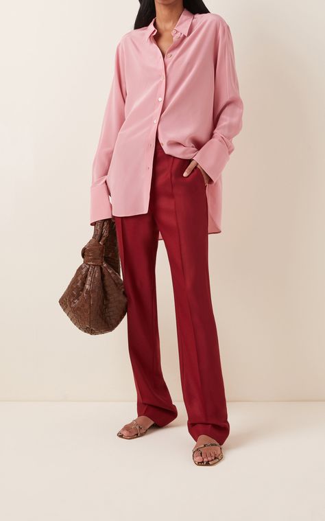 Pink Silk Shirt Outfit, Satin Shirt Outfit, Silk Shirt Outfit, Joseph Fashion, Everyday Chic, Satin Shirt, Red Outfit, Pink Shirt, Pink Silk