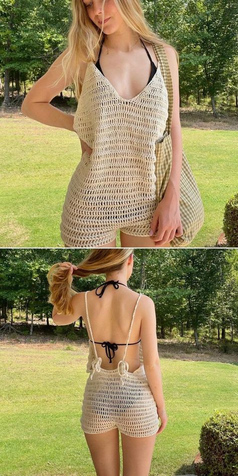 Crochet Tankini Pattern Free, Crochet Body Suit Pattern Free, Crochet Bikinis Boho Top, Crochet Two Piece Outfit Pattern, Crochet Romper Free Pattern Women, Crochet Romper Pattern Womens, Jumpsuit Crochet Pattern, Free Crochet Cover Up Pattern, Crochet Mesh Pants Pattern