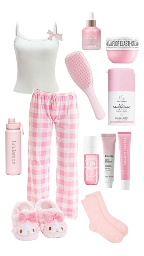 #pink #sleep #fyp Girly Must Haves, Aesthetic Must Haves, Aesthetic Night Routine, Pijamas Women, Bag Y2k, Clean Girl Aesthetic, Diy Vetement, Bow Print, Outfit Inspo Casual