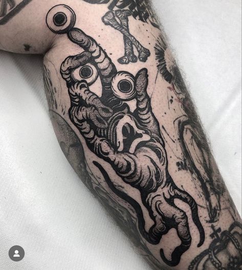 Creepy Witch Tattoo, New School Black Tattoo, Black And White Filler Tattoo, Traditional Cryptid Tattoo, Folk Horror Tattoo, Thai Tattoo Men, Neo Traditional Tattoos Black And Grey, Stomach Tattoo Men, Brick Tattoo