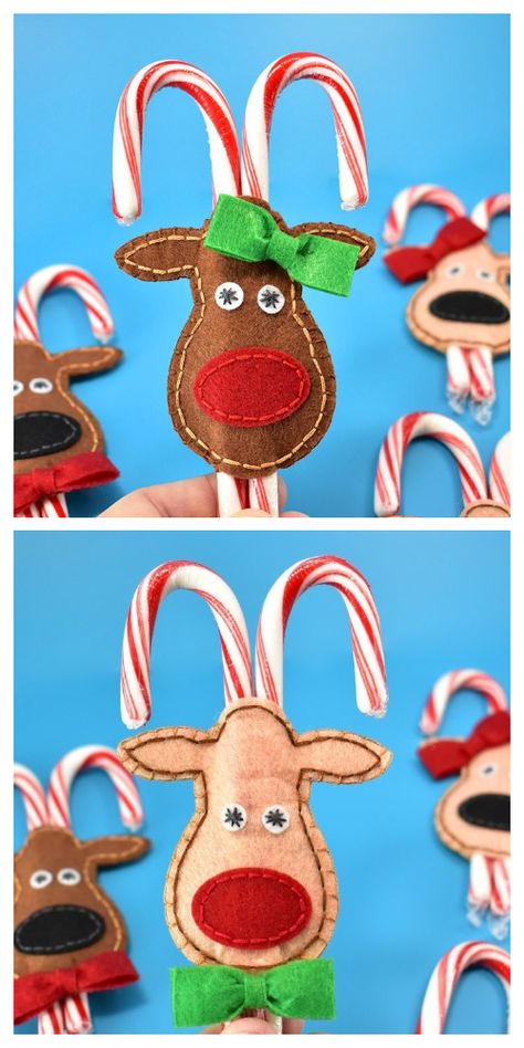 Felt Reindeer Candy Cane Pockets Free Sewing Pattern | Fabric Art DIY Can Cozies, Sweet Crafts, Reindeer Crafts, Homespun Christmas, Diy Reindeer, Felt Reindeer, Xmas Projects, Reindeer Candy, Candy Cane Reindeer