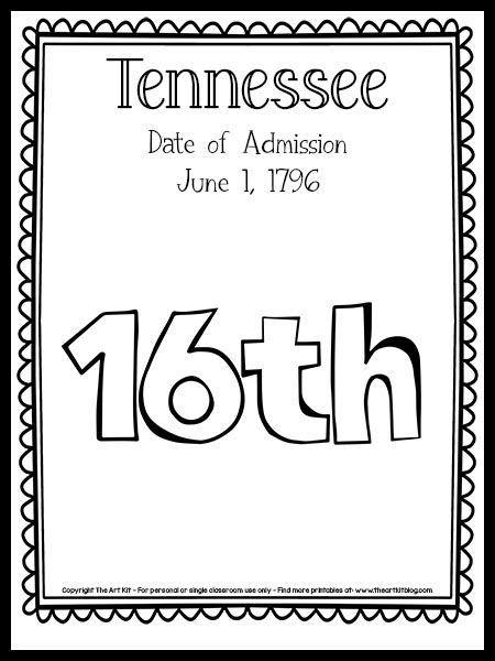 Tennessee (The 16th State) Coloring Page {FREE Printable!} - The Art Kit Tennessee Coloring Pages, Virginia Studies, Social Studies Unit, The 50 States, State Symbols, Educational Activities For Kids, History For Kids, Fun Printables, Study Unit