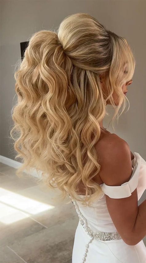 Glam Bridal Ponytail, Wedding Hairstyles Ponytail High, Half Up Half Down Hair Volume, Wedding Hairstyles Half Up Half Down Braid, Half Up Half Down Volume, Blonde Half Up Half Down, Ponytail Updo Wedding, Half Upstyle, Time Illusion