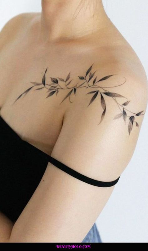 "Pretty Tattoos" These are the coolest pretty tattoos for all that are discrete but definitely make a statement. See more ideas check out here! #prettytattoos #prettytattoo #prettytattoosideas Realistic Leaf Tattoo, Minimal Shoulder Tattoos For Women, Shoulder Floral Tattoos For Women, Feminine Shoulder Tattoos For Women, Dainty Shoulder Tattoo, Top Of Shoulder Tattoos For Women, Back Shoulder Tattoos, Witch Tattoo Ideas, Shoulder Tattoo Designs