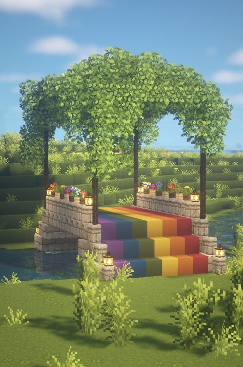 Minecraft Building Ideas Rainbow, Pride Month Minecraft Builds, Aesthetic Minecraft Builds Cottagecore House, Minecraft Buildings Aesthetic, Dsmp Minecraft Builds, Pixel Building Architecture, Lesbian Minecraft House, Arch Minecraft Ideas, Minecraft Lesbian Flag