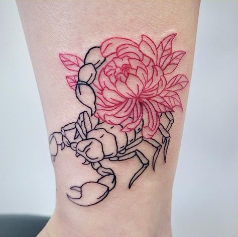 Asian Lotus Tattoo With A Scorpion Lotus Tattoo On Leg, Scorpion And Frog Tattoo, Scorpion With Flowers Tattoo, Scorpion Flower Tattoo, Asian Tattoo Designs, Frog Tattoos, Scorpion Tattoo, Plant Tattoo, Asian Tattoos