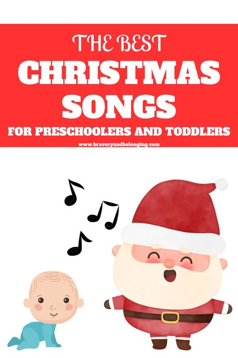 Pin text reads, The Best Christmas Songs for Preschoolers and Toddlers. Image is a graphic of Santa singing, musical notes, and a toddler. Christmas Songs For Preschoolers, Christmas Songs For Toddlers, Christmas Activities Preschool, Christmas Preschool Activities, Preschool Christmas Songs, Christmas Eyfs, Eyfs Christmas, Santa Songs, Songs For Preschoolers