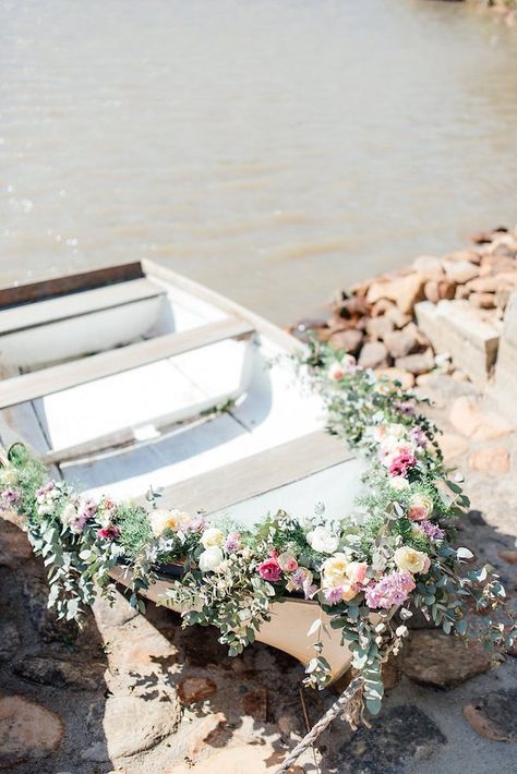 Boat Wedding Decorations, Boat With Flowers, Wedding Boat, Outdoor Wedding Flowers, Garden Aesthetics, Mutual Love, Cape Town Wedding, Flower Sketch, Boat Wedding