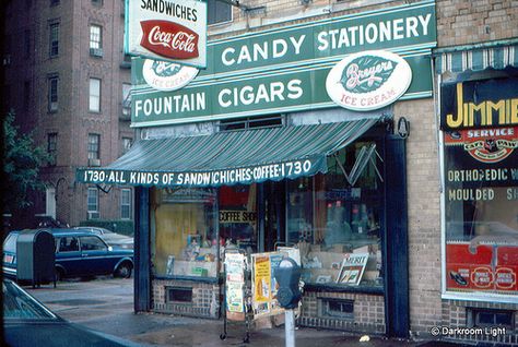 the Candy Store. This was on Coney Island Avenue, around Ave. O. Image from a Kodachrome slide. Corner Store Aesthetic, Nyc Bodega, Brooklyn Image, Egg Cream, Brooklyn Newyork, Nyc History, Vintage Nyc, Corner Store, Shop Fronts