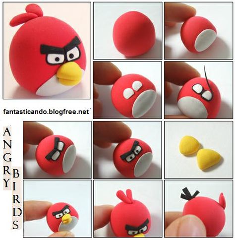 Red Angry Bird Fondant Tutorial Red Angry Bird, Fimo Kawaii, Crea Fimo, Jumping Clay, Angry Birds Cake, Angry Birds Party, Fondant Animals, Cake Topper Tutorial, Clay Stuff