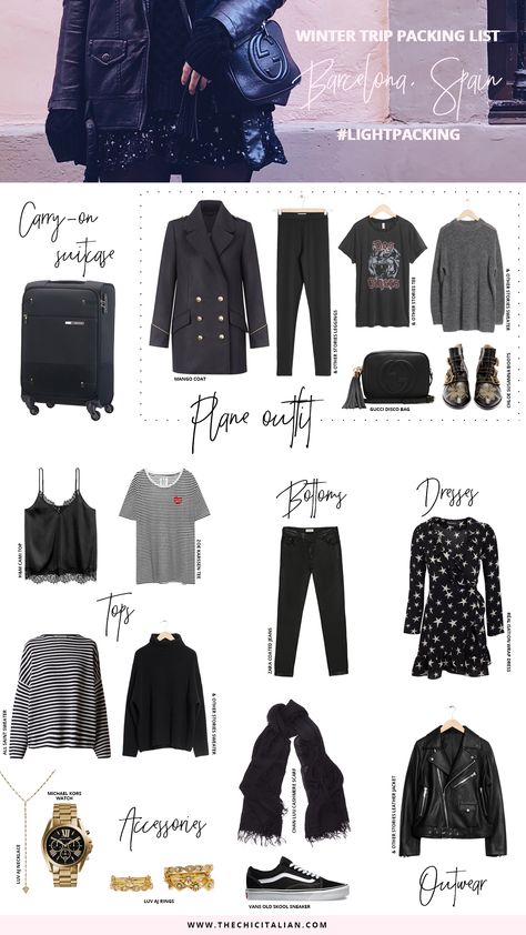 Winter packing list to pack light for your next winter trip! This light packing list is for four days in the winter season & can fit in a carry-on. I took these items with me on my trip to Barcelona! 10 Days Outfits Travel Light Winter, 5 Days In A Carry On, 3 Day Weekend Packing List Winter, Long Weekend Packing List Winter, Weekend In London Outfit Winter, Travel Light Winter, Winter Carry On Packing, Travel Outfit Winter, Winter Trip Packing List