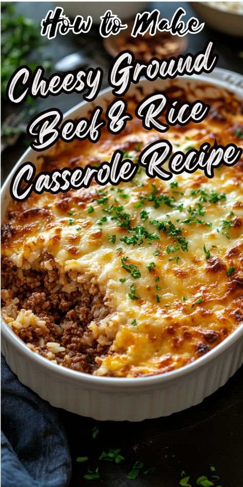 Cheesy Ground Beef & Rice Casserole Recipe Ground Beef Peas Rice, Cheesy Ground Beef And Cauliflower Rice Casserole, Beefy Rice Casserole, Ground Beef Recipes With Rice, Ground Beef And Rice Recipes For Dinner, Rice And Beef Recipes, Ground Beef Rice Recipes, Ground Beef With Rice, Ground Beef Rice Casserole