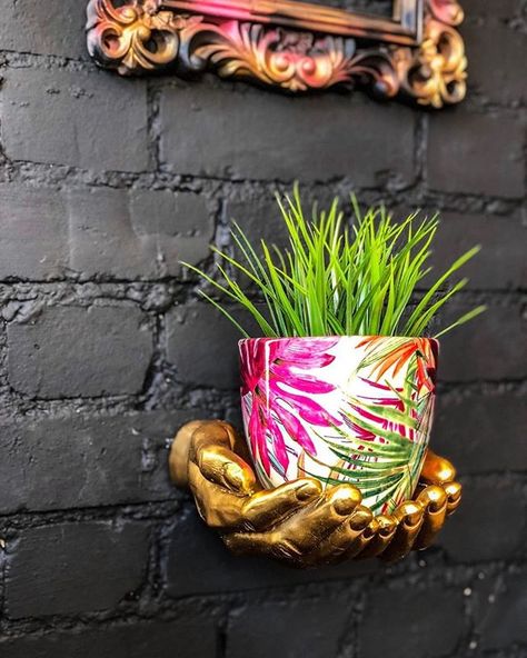 One of the best things about real estate is all the amazing pieces you see in each property and get so inspired.  I love this creativity!  The colors pop perfectly against the black painted wall.  Would you love this style of decor in your home?  #Repost @studio_twentyseven  Thats when you buy lots of faux greens put them in wicked @homebase_uk  planters and place them on our gold (or silver) hands. . . . #getsocialdaily plantholder #goldinterior #goldhands #walldecor #quirkyaccessories #silverh Key Holder Wall, Jewellery Holder, Wall Key Holder, Handmade Wall Art, Salon Decor, Soap Holder, Gold Hands, Victorian Gothic, Plant Holder