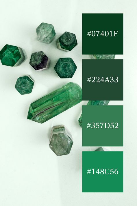 A striking emerald green color palette featuring various geometric emerald crystals in deep, rich green tones set against a soft, light green background, showcasing the elegance and allure of these precious stones. Color Palette Code, Emerald Green Color Palette, Color Scheme Generator, Light Green Background, Code Color, Green Color Palette, Aesthetic Color, Emerald Green Color, Green Colour Palette