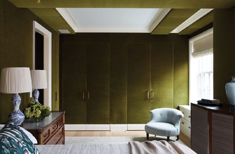 upholstered doors! fabrics by DesignNashville.com Olive Green Bedrooms, Green Bedroom Design, Room Maker, Lacquered Walls, Upholstered Walls, Manhattan Apartment, Timeless Interiors, Luxury Bedroom Master, Bedroom Green