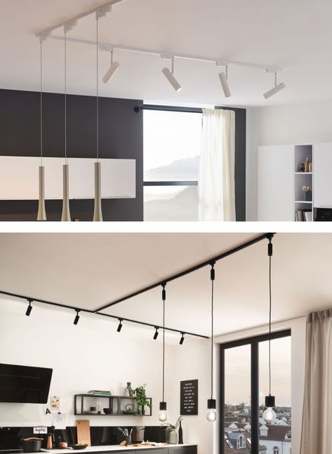 Ceiling Rail Lighting, Kitchen Track Lighting Ideas, Track Lights Living Room, Track Lighting Living Room, Rail Lighting, Track Lighting Kitchen, Kitchen Rails, Kitchen Lighting Ideas, Narrow Kitchen