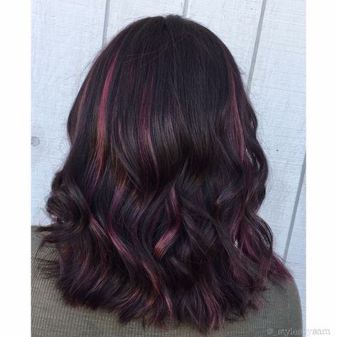 subtle pink highlights on black hair #samcontempo Hair Black Highlights, Pink Highlights On Black Hair, Black Hair Pink Highlights, Subtle Pink Highlights, Hair Color Ideas Highlights, Highlights On Dark Hair, Pink Hair Highlights, Highlights Pink, Highlights On Black Hair