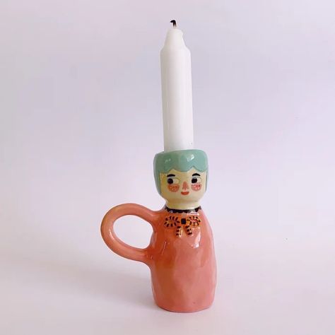 Candlestick Pottery, Lady In Pink, Candle Stick Holder, Kids Pottery, Paper Mache Crafts, Keramik Design, Ceramic Candle Holders, Ceramic Figures, Stick Figure