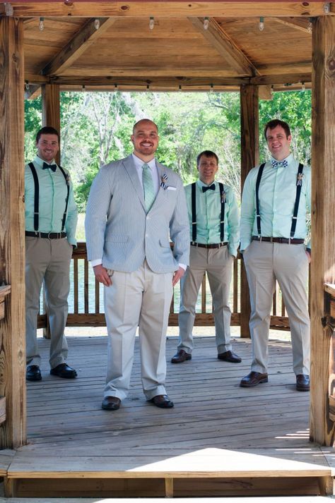 Quince Planning, Mint Green Blazer, Casual Groom Attire, Groom Suspenders, Navy Gold Wedding, Suspenders And Bow Tie, Wedding Mint, Grooms Attire, Mint Green Shirts