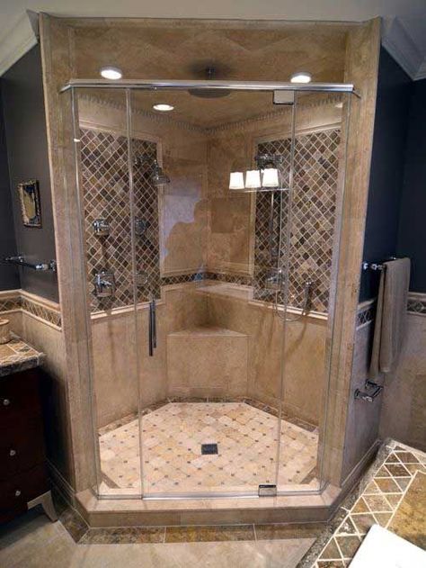 Walk In Bathroom Showers, Walk In Shower Tile, Neo Angle Shower, Walk In Shower Designs, Shower Box, Bathroom Shower Design, Bathroom Remodel Shower, Shower Tile Designs, Bathroom Remodel Designs