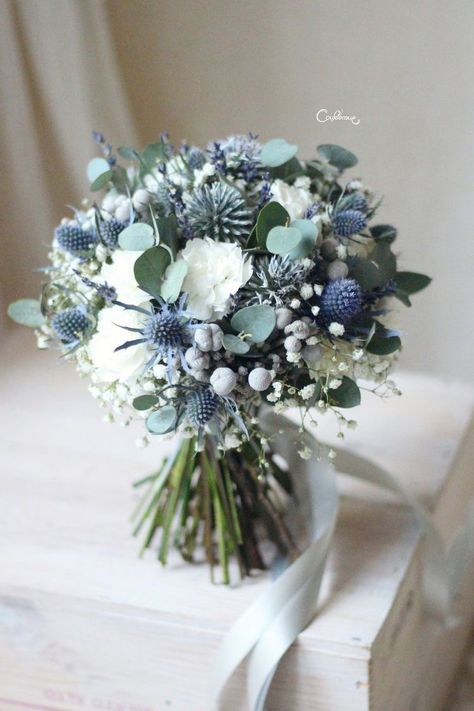 Navy Blue And Greenery Bouquet, Boho Seaglass Wedding, Navy Blue Wedding Florals, Dusty Blue Bridal Bouquet Real Flowers, Blue White Green Wedding Flowers, Dusty Blue Bouquet Wedding, Wedding Bouquets Bride Blue, Dusty Blue Flowers Bouquet, Blue And Green Wedding Flowers