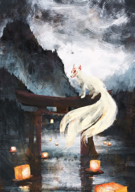 Kitsune Japanese Art, Kitsune Painting, 9 Tailed Fox, Fox Tattoo Design, Japanese Fox, Art Wolf, Kitsune Fox, Fox Drawing, Fox Spirit