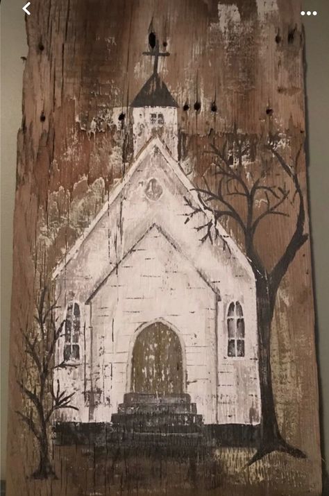 Country Farmhouse Paintings, How To Paint Tutorials Step By Step, Old Church Paintings, Rustic Art Painting, Farmhouse Stencils, Painted Churches, Barn Wood Art, Church Painting, Rustic Painting