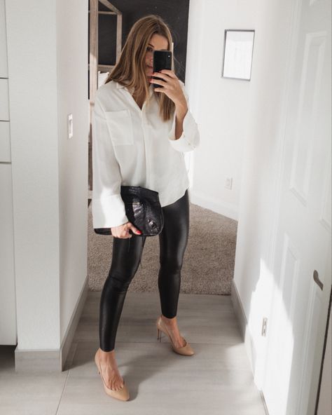 White Blouse Leather Pants, Leather Leggings White Button Down, Faux Leather Leggings White Button Up, Leather Leggings Holiday Outfit, White Blouse Outfit, Mirror Selfie Outfit, Holiday Outfit Inspo, Faux Leather Leggings Outfit, Leather Tights