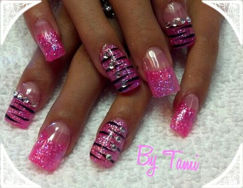 Pink Zebra nails Pink 2000s Nails, Pink Zebra Print Nails, 00s Nails, Zebra Acrylic Nails, Mcbling Nails, Nail Designs Pink, Pink Zebra Nails, 2000s Nails, Zebra Print Nails