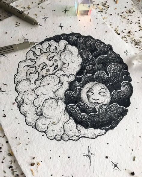 Ink fantasy Drawing. Zodiac Drawings, Spring Chalkboard Art, Lukisan Van Gogh, Spring Chalkboard, Pen Art Work, Sun And Moon Drawings, Arte Grunge, Animal Illustration Art, The Sun And Moon