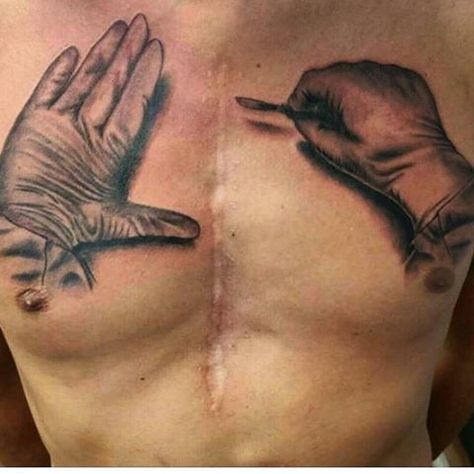 This patient's midline sternotomy scar (for an open heart surgery) turned into the most epic tattoo! #anatomy #medical #medicine #tattoo #tattoos #ideas #heart #surgery Chest Tattoo Heart, Zipper Tattoo, Tattoo Over Scar, Scar Cover Up, Medical Tattoo, Tattoos To Cover Scars, Scar Tattoo, Clever Tattoos, Cool Chest Tattoos