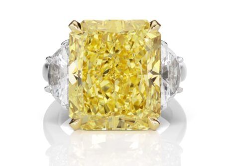 LJWest ring in platinum with 16.78-carat fancy-vivid-yellow diamond and 2.16 carats white diamonds, price on request Canary Diamond Ring, Fancy Yellow Diamond Ring, Radiant Cut Diamond Engagement Rings, Radiant Cut Diamond Ring, Colored Diamond Jewelry, Yellow Diamond Ring, Yellow Diamonds Engagement, Yellow Diamond Engagement Ring, Three Stone Diamond Rings Engagement