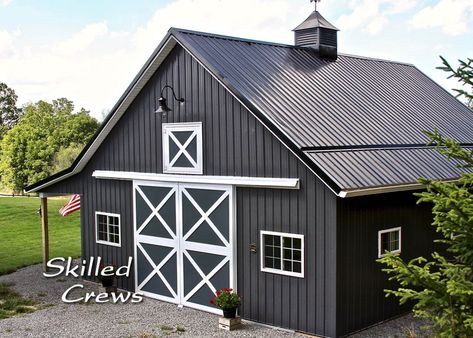 Black Barns Exterior, Pole Barn Horse Barns, Pole Barn Exterior Ideas, Barn Siding Exterior, Metal Barn Colors Scheme Exterior, Pole Barn Colors Scheme Exterior, Cupolas On Barns, Barn Colors Exterior, Farm Barn Ideas