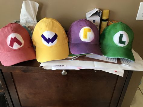 DIY Mario Luigi Wario & Waluigi hats Waluigi Costume Women, Waluigi Makeup, Waluigi Costume Diy, Waluigi Costume, Wario Waluigi Costume, Mario Luigi Wario Waluigi Costume, Wario Waluigi, Wario Costume, Wario And Waluigi Cosplay