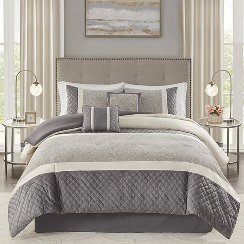 Madison Park Klein 6-Piece Comforter Set with Coordinating Pillows Elegant Comforter Sets, Bedroom Comforter Sets, Beige Comforter, Linen Comforter, Grey Headboard, Transitional Bedroom, Home Decor Colors, Apartment Bedroom, Queen Comforter Sets