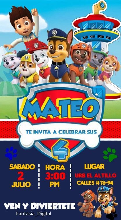 invitacion digital Paw Patrol Theme Party, Paw Patrol Birthday Invitations, Paw Party, Rubble Paw Patrol, Marshall Paw Patrol, Paw Patrol Birthday Party, Paw Patrol Party, Cars Birthday Parties, Paw Patrol Birthday