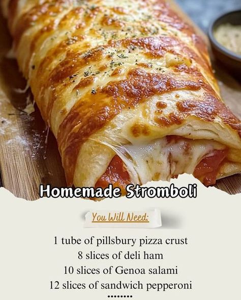 Granny's Tasty Recipes | Homemade Stromboli | Facebook Pillsbury Pizza Crust, Pillsbury Pizza, Stromboli Recipe Easy, Homemade Stromboli, Homemade Pizza Dough Easy, Sandwhich Recipes, Stromboli Recipe, Genoa Salami, Easy Pizza Dough