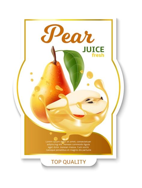 Realistic fruit label pear juice package... | Premium Vector #Freepik #vector #fruit-splash #fruit-drink #fruit-juice #healthy-juice Juice Sticker Design, Drink Promotion, Juice Sticker, Vegetarian Drinks, Liquid Splash, Juice Healthy, Package Sticker, Fruit Splash, Fruit Labels