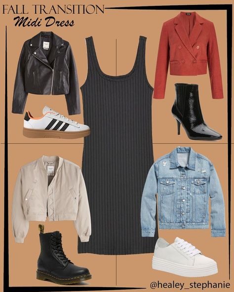 midi dress, knit dress, moto jacket outfit, denim jacket outfit, fall transition outfit Ribbed Tank Dress Fall, Midi Dress Sweater Outfit, Knit Midi Dress Outfit Fall, Black Knit Midi Dress Outfit, Black Ribbed Dress Outfits Winter, Black Midi Dress Outfit Fall, Black Ribbed Dress Outfits, Midi Knit Dress Outfits, Brown Midi Dress Outfit