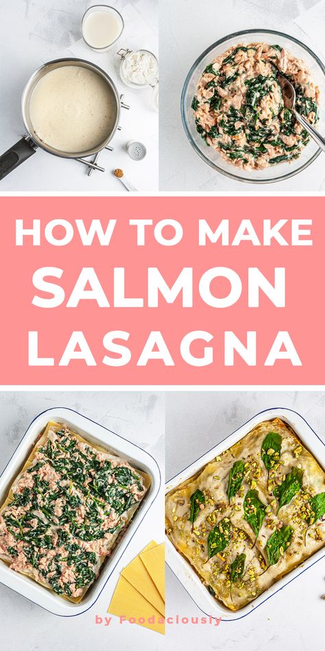 This spinach salmon lasagna is made with a dairy-free cashew bechamel for a rich recipe yet low in saturated fats. The perfect pasta bake for a big crowd. spinach salmon lasagna,spinach salmon lasagne,dairy-free salmon lasagna,fish lasagna with spinach,lasagna without cheese #dairyfree #recipe #cooking #food Salmon Lasagna Recipe, Fish Lasagna, Salmon Lasagna Rolls, Lasagna Spinach, Salmon Lasagna, Lasagna With Spinach, Spinach Salmon, Lasagna Rolls Recipe, Spinach Lasagna Rolls