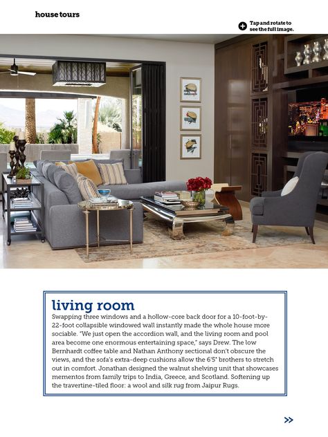 I saw this in the November 2014 issue of HGTV Magazine.   http://bit.ly/1mzvglC Property Brothers Living Room, Drew And Jonathan Scott, Masculine Living Rooms, Property Brother, Las Vegas Homes, Jonathan Scott, Property Brothers, Home Pictures, Family Room